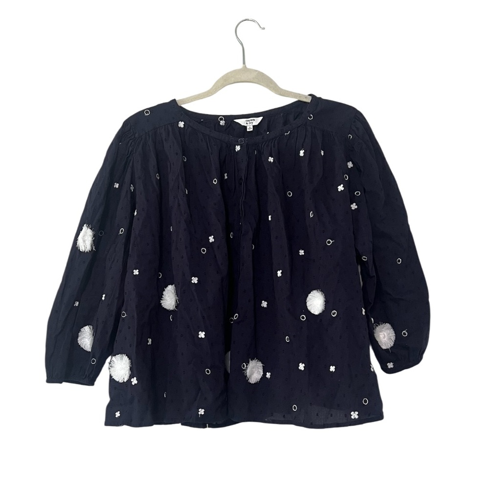 Crown & Ivy Navy Blouse with White Floral Embroidery